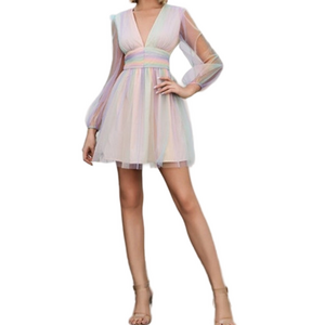 Double Crazy Rainbow Pastel Tulle Plunge V-Neck Dress Long Sleeve Size S